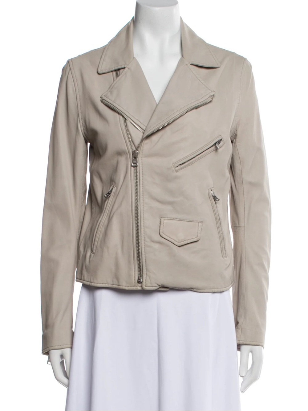 June Genuine Leather Biker Jacket Size S In Beige